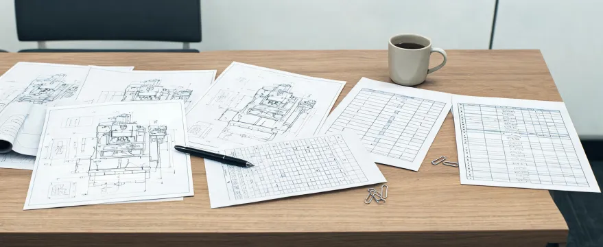 Procurement desk reviewing press drawings and RFQ tables