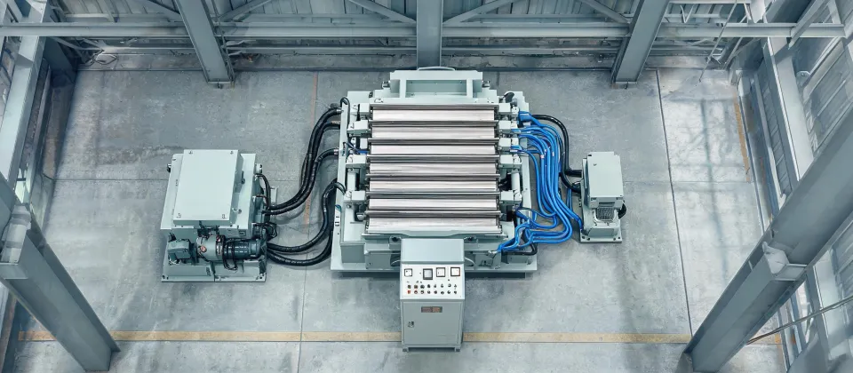 Schematic of a rubber vulcanizing press cell with platens, hydraulic pack and control cabinet
