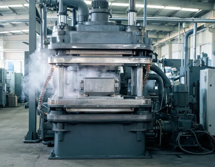 Heated rubber vulcanizing press platens closing on a mold in a rubber shop