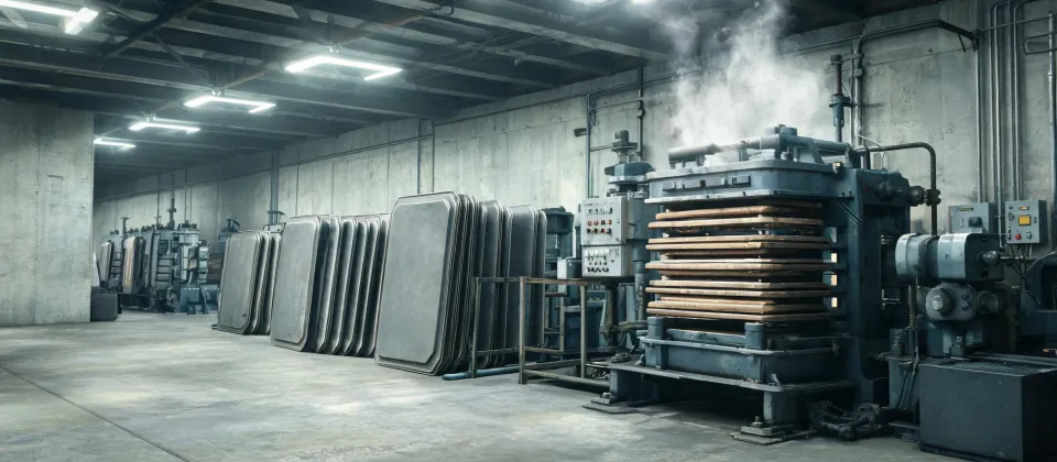 Pad molds staged beside a heated press in a rubber pads plant