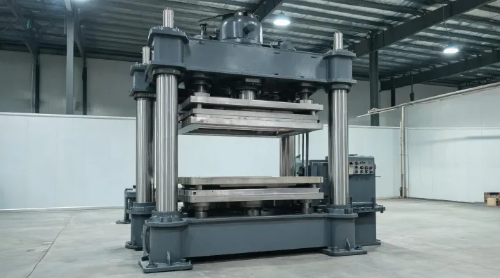 Four-column heated press with platens open for mold loading